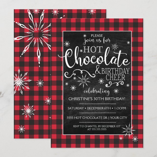 Buffalo Plaid Hot Chocolate Birthday Invitation (Front/Back)