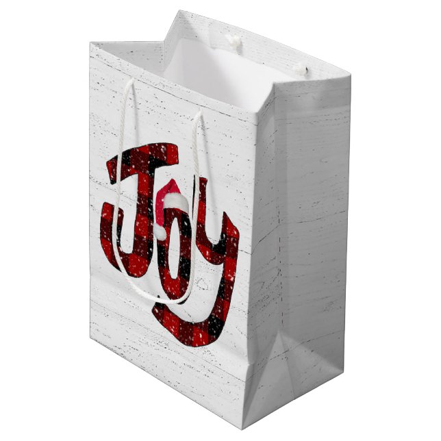 Buffalo Plaid Joy On Whitewashed Wood  Medium Gift Bag (Front Angled)