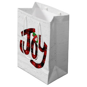 Buffalo Plaid Joy On Whitewashed Wood    Medium Gift Bag
