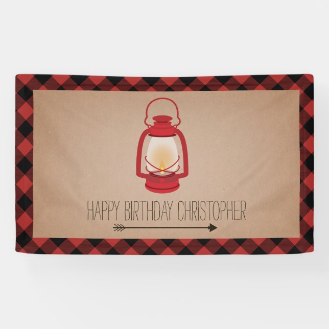 Buffalo Plaid Lantern Camping Birthday Banner (Horizontal)