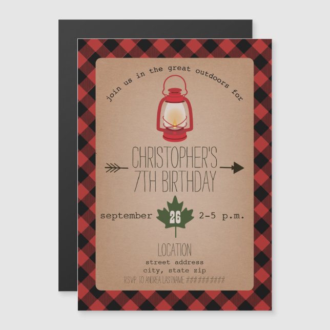 Buffalo Plaid Lantern Camping Birthday Magnetic Invitation (Front/Back)