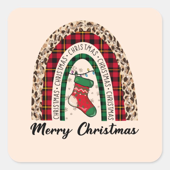 Buffalo Plaid & Leopard Print Rainbow Square Sticker (Front)
