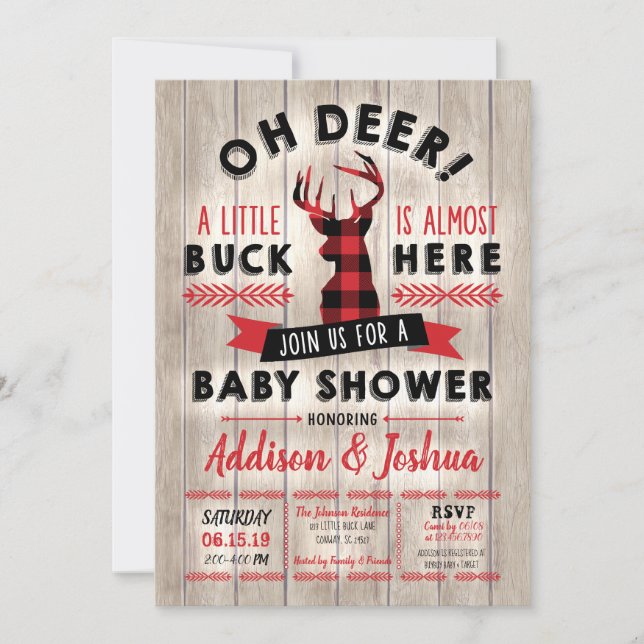 Buffalo Plaid Little Buck Oh Deer Baby Shower Invitation (Front)
