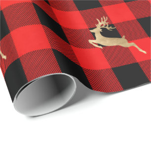 Buffalo Plaid Lomberjack Christmas Deer Gold Red Wrapping Paper