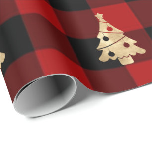 Buffalo Plaid Lomberjack Christmas Tree Gold Wrapping Paper