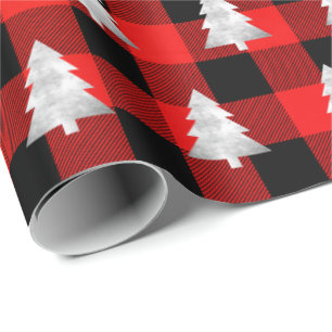 Buffalo Plaid Lomberjack Christmas Tree Silver Red Wrapping Paper