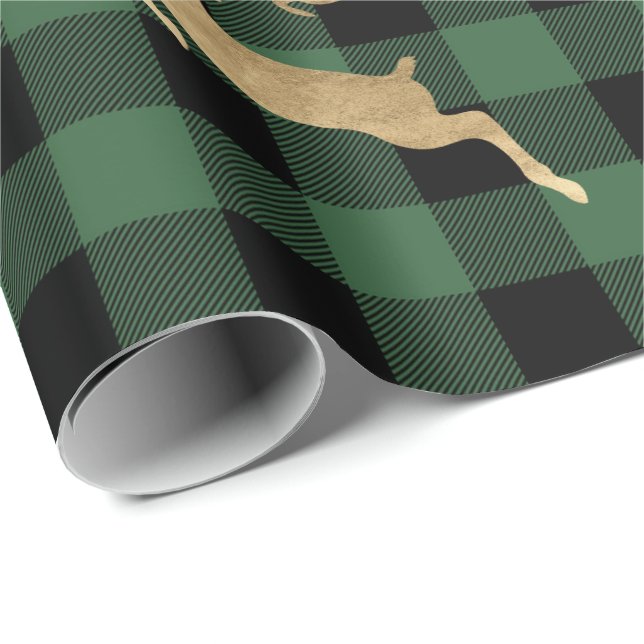 Buffalo Plaid Lomberjack Gold Reindeer Green Farm Wrapping Paper (Roll Corner)