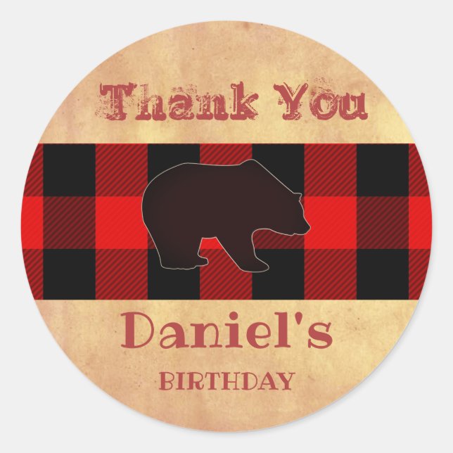 Buffalo Plaid Lumberjack Birthday Thank You Favour Classic Round Sticker (Front)