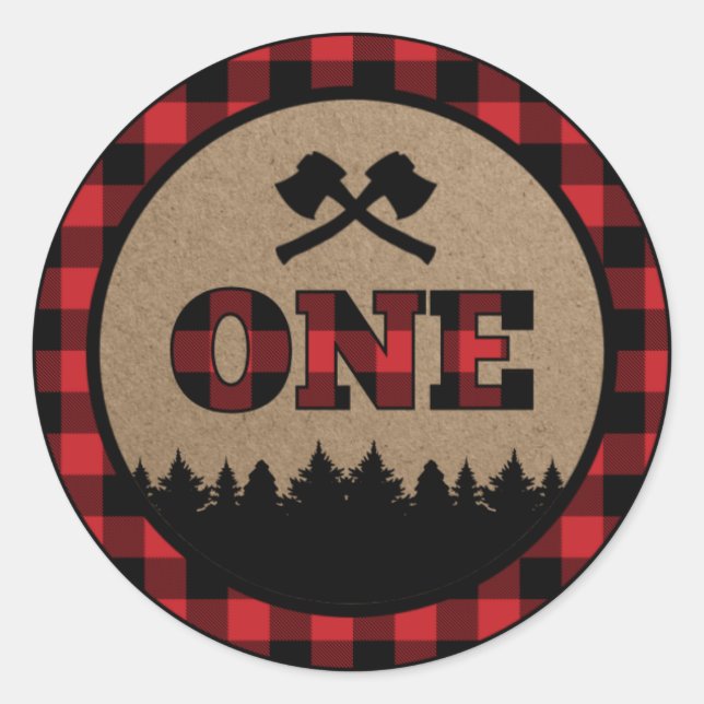 Buffalo Plaid Lumberjack First Birthday Sticker (Front)