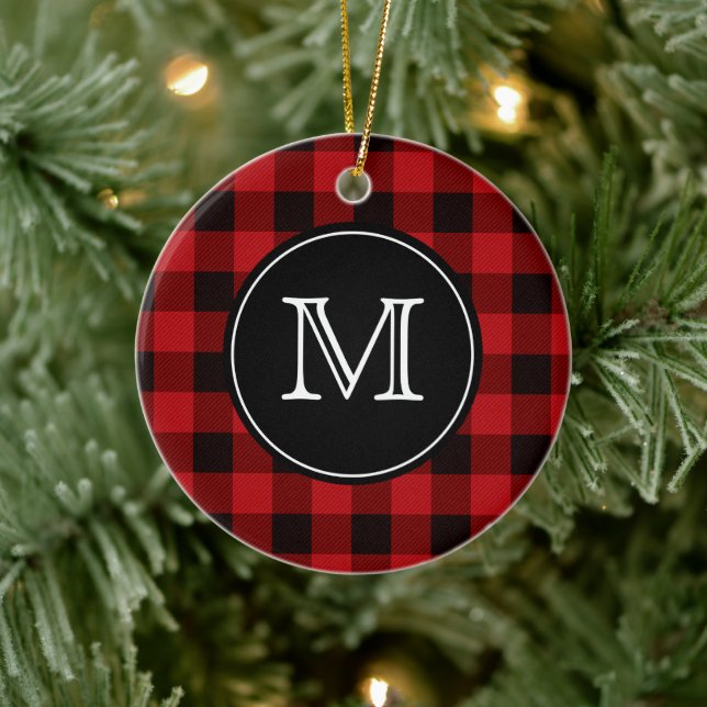 Buffalo Plaid Lumberjack Red and Black Monogram Ceramic Tree Decoration (Tree)