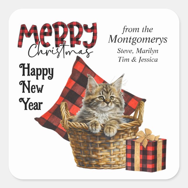 Buffalo Plaid Maine Coon Kitten Christmas Square Sticker (Front)