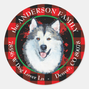 Buffalo Plaid Malamute Dog Return Address Classic Round Sticker