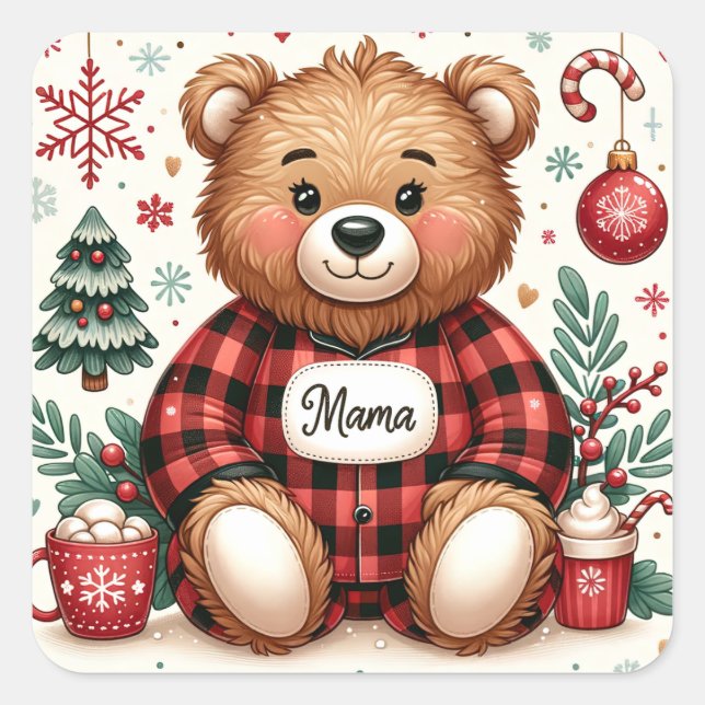 Buffalo Plaid Mama Bear Christmas Square Sticker (Front)