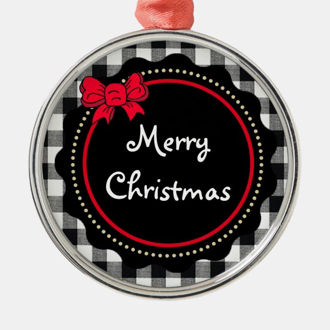 Buffalo Plaid Merry Christmas Black and White   Metal Tree Decoration (Front)