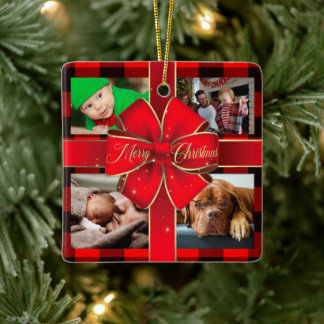 Buffalo Plaid Merry Christmas Bow Photo Collage Ceramic Ornament