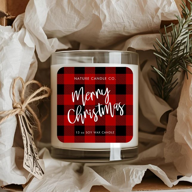 Buffalo Plaid Merry Christmas Candle Label  (Creator Uploaded)