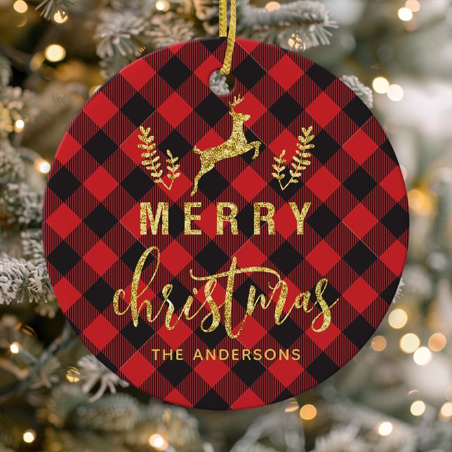 Buffalo Plaid Merry Christmas Monogram Ceramic Tree Decoration (Creator Uploaded)