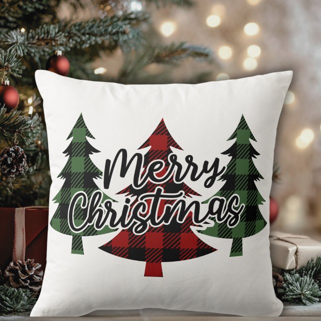 Buffalo Plaid Merry Christmas Trees Holiday Cushion (Buffalo Plaid Merry Christmas Trees Holiday Throw Pillow)