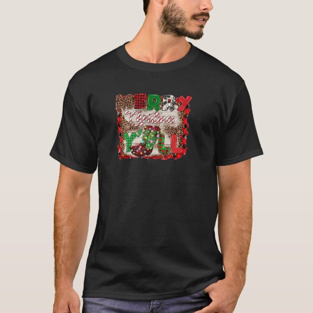 Buffalo Plaid Merry Christmas Y all With Cowboy Bo T-Shirt (Front)