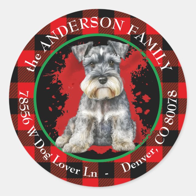 Buffalo Plaid Miniature Schnauzer Return Address Classic Round Sticker (Front)