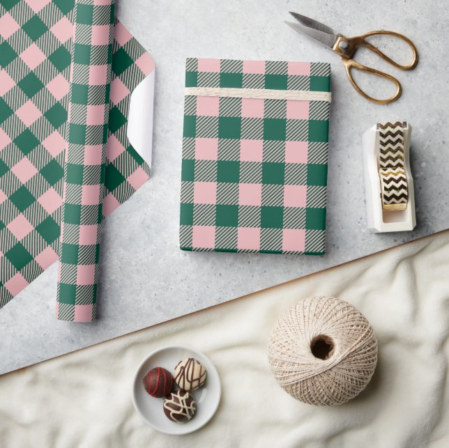 Buffalo Plaid Modern Christmas Holiday Green Pink Wrapping Paper (Crafts)