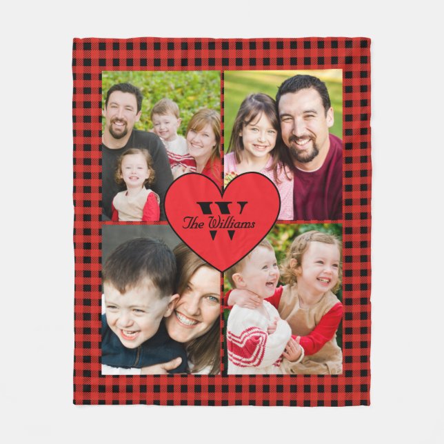 Buffalo Plaid Monogram 4-Photo Fleece Blanket (Front)
