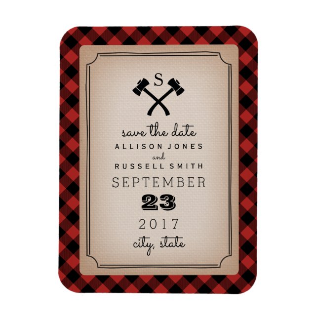 Buffalo Plaid Monogram Axe Save The Date Magnet (Vertical)