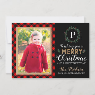 Buffalo Plaid Monogram Christmas Wreath Photo Card