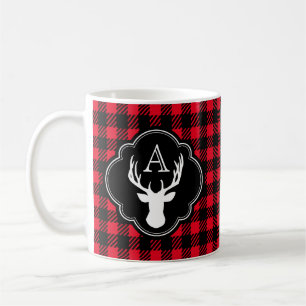 Buffalo Plaid Monogram Deer Head Coffee Mug