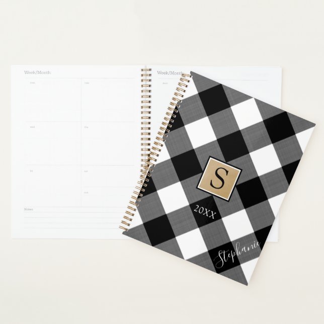 Buffalo Plaid Monogram Script Name Black White Planner (Display)