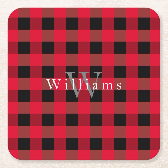 Buffalo plaid monogrammed square paper coaster (Front)