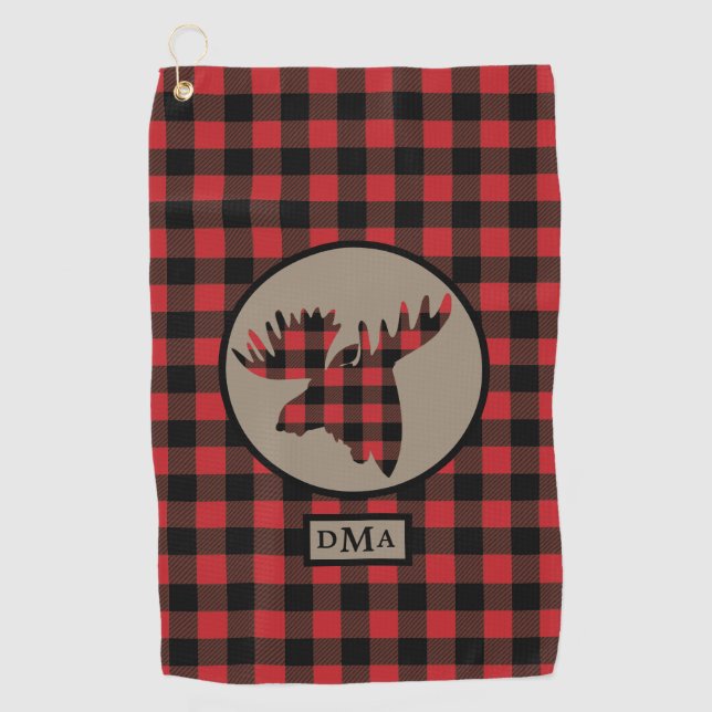 Buffalo Plaid Moose Head Monogram Golf Towel (Front)
