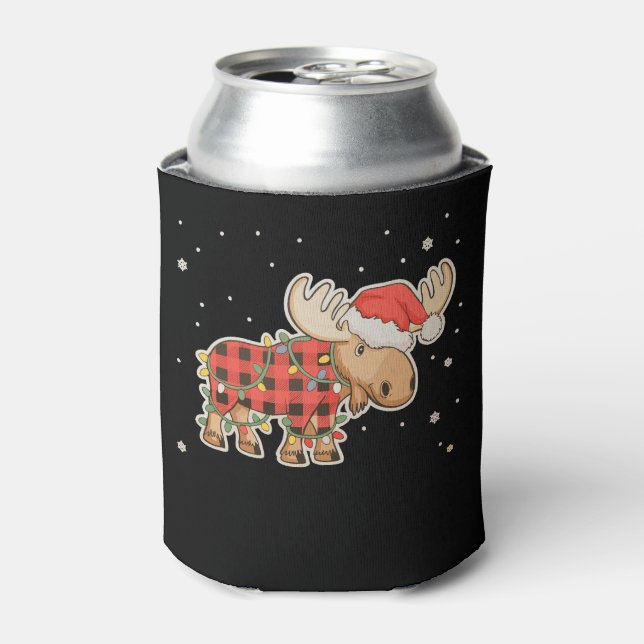 Buffalo Plaid Moose Santa Hat Christmas Tree Light Can Cooler (Can Front)