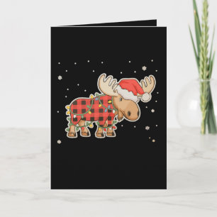 Buffalo Plaid Moose Santa Hat Christmas Tree Light Card