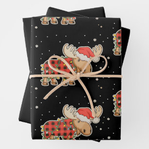 Buffalo Plaid Moose Santa Hat Christmas Tree Light Wrapping Paper Sheet