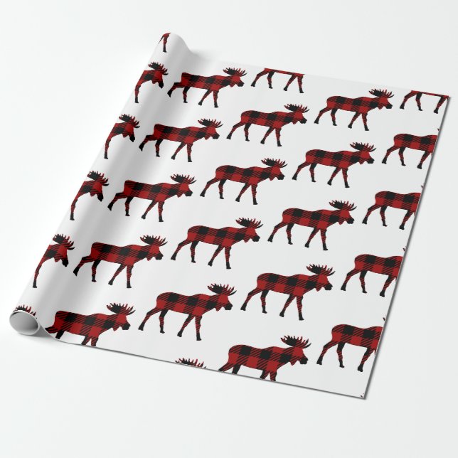 Buffalo Plaid Moose Wrapping Paper (Unrolled)