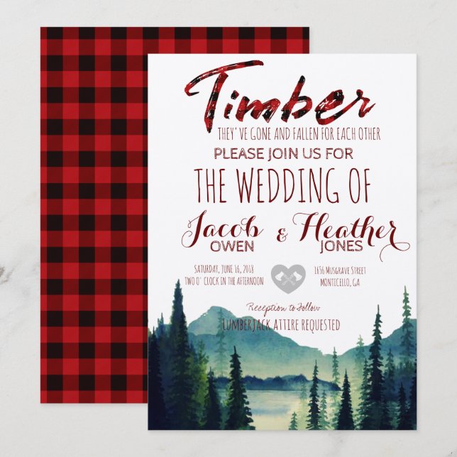 Buffalo Plaid Mountain Wedding Invitation (Front/Back)