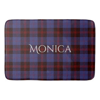 Buffalo plaid navy blue red monogram name bath mat