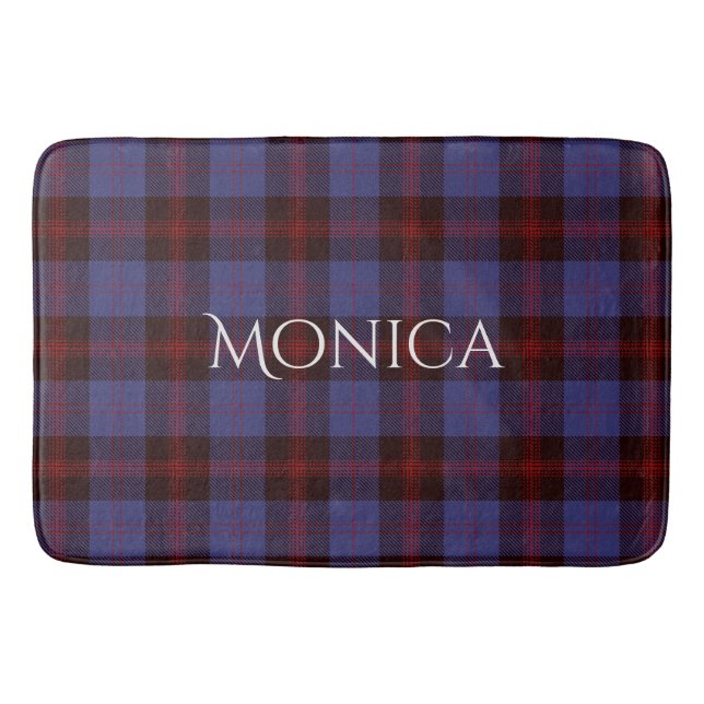Buffalo plaid navy blue red monogram name bath mat (Front)