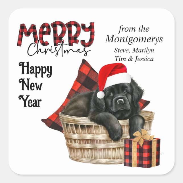 Buffalo Plaid Newfoundland Puppy Christmas Square Sticker (Front)