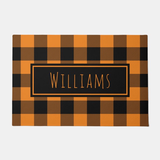 Buffalo Plaid Orange and Black Custom Name Doormat (Front)