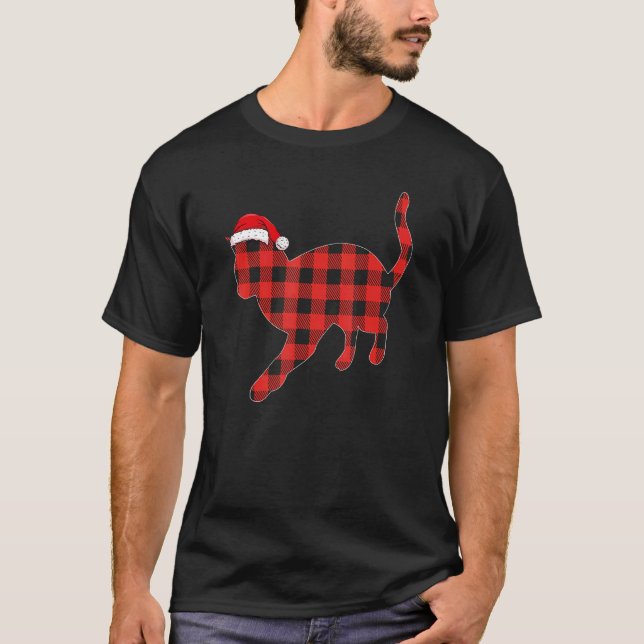 Buffalo Plaid Pajama Xmas Hat Cat Christmas Matchi T-Shirt (Front)