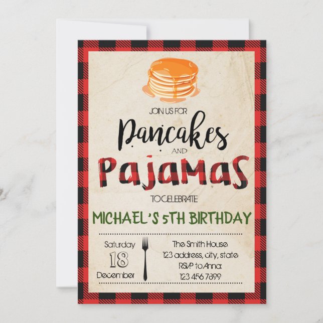Buffalo plaid pancake pjs party invitation (Front)