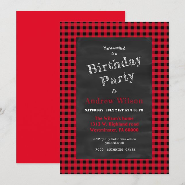 Buffalo plaid party invitation (Front/Back)