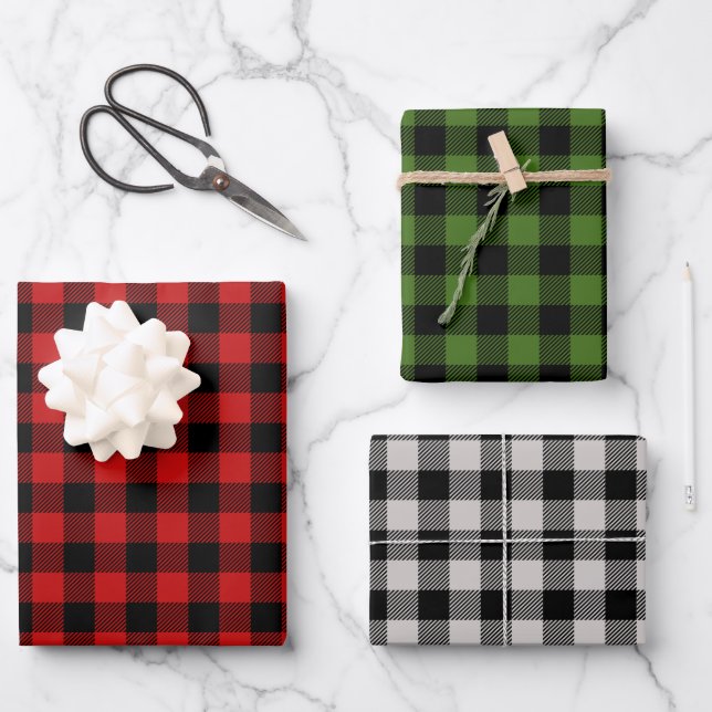 Buffalo Plaid Pattern Set Holiday Christmas Wrapping Paper Sheet (Front)