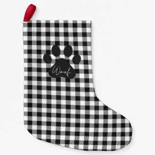 Buffalo Plaid Paw Print Black White WOOF Classic Small Christmas Stocking