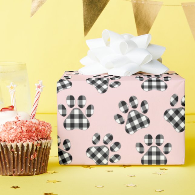 Buffalo Plaid Paw Prints On Pink Wrapping Paper (Birthday Party)
