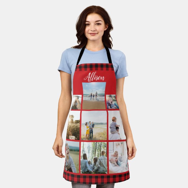 Buffalo Plaid Personalised Family Photo Collage Apron (Worn)