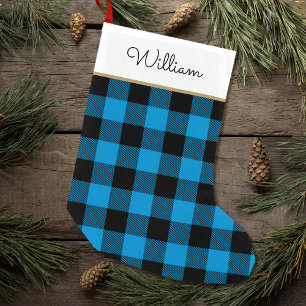 Buffalo Plaid Personalised Name Blue Black Small Christmas Stocking