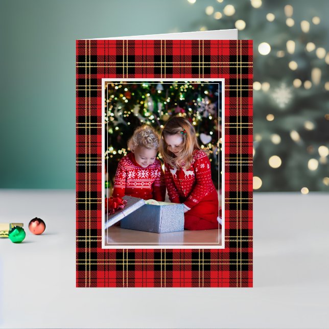 Buffalo Plaid Photo Merry Christmas Gold Foil Holiday Card (Holiday In Situ 2)